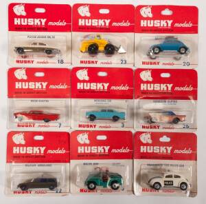 HUSKY (CORGI JUNIOR): Late 1960s group of Model Car Blister Packs including Ford Thames Van (20) – Red; and, Plated Jaguar MK.10 (18) – Silver Chrome; and, Volkswagen 1300 (20) – Brown. All mint and unopened in original red and white blister packs. (140 i