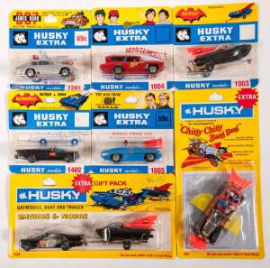 HUSKY (CORGI JUNIOR): Late 1960s group of &lsquo;Husky Extra&rsquo; Movie/TV Model Car blister packs Including &lsquo;Batman&rsquo; Batmobile, Boat and Trailer (3002) &ndash; with Figures of Batman and Robin; and, &lsquo;The Man From U.N.C.L.E Missile Firing Car (1405) &ndash; with Figures of Nap