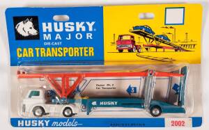 HUSKY (CORGI JUNIOR): Late 1960s ‘Husky Major’ Car Transporter (2002) – Orange, Blue and Cream. Mint and unopened in original yellow and blue blister pack.