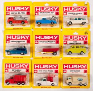 HUSKY (CORGI JUNIOR) :Late 1960s Group of Model Car Blister Packs Including Ferrari Berlinetta 250 GT (6) – Red; And, E.R.F. Cement Mixer (29) – Yellow and Red; And, Oldsmobile Starfire Coupe (31) – Green. All mint and unopened in original yellow and red 