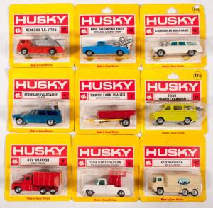 HUSKY (CORGI JUNIOR) :Late 1960s&nbsp;Group of Model Car Blister Packs Including Ferrari Berlinetta 250 GT (6) &ndash; Red; And, E.R.F. Cement Mixer (29) &ndash; Yellow and Red; And, Oldsmobile Starfire Coupe (31) &ndash; Green. All mint and unopened in original yellow and red 