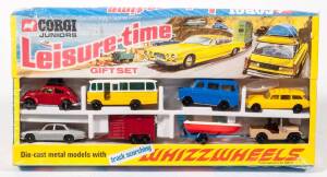 CORGI JUNIORS: Late 1960s to Early 1970s &lsquo;Whizzwheels&rsquo; Leisure Time Gift Set (3005) - Set Comprising of Jeep with Boat on Trailer, Citroen with White Plastic Boat on Roof, Camper, Bus, Horsebox, Jaguar and Volkswagen Beetle. Mint in original yellow and bl