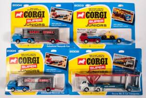 CORGI JUNIORS: Late 1960s to Early 1970s Group of ‘Corgi Super Juniors’ Consisting of Hoynor Mk. 11. Car Transporter (2002); And, Machinery Low Loader & Loadmaster Shovel (2003); And, A Pair of Articulated Removals Van (2004). All mint and unopened in ori