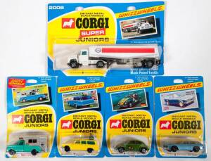 CORGI JUNIORS: Late 1960s to early 1970s group of ‘Whizzwheels’ Model Cars consisting of Transitional ‘Whizzwheels’ Ford Camper (35) – Turquoise; and, ‘Corgi Super Juniors’ Mac Petrol Esso Truck (2006); and, Reliant-ogle Scimitar GTE (12). All mint and un