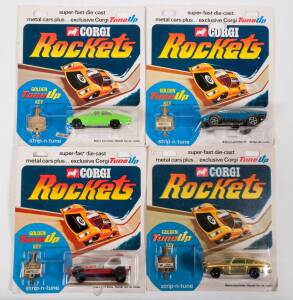 CORGI JUNIORS: Late 1960s to Early 1970s Group of ‘Corgi Rockets’ Model Cars Consisting of Jaguar XJ6 (907) – Metallic Green; And, Cadillac Eldorado (902) – Metallic Orange; And, Todd Sweeney’s Stock Car (919) – Purple. All mint and unopened in original y