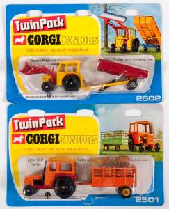 CORGI JUNIORS: Late 1960s to Early 1970s Group of Twin Packs Including Massey Ferguson Tractor with Trailer (2502); And, Zetor 5511 Tractor with Farm Trailer (2501). All mint and unopened in original yellow and blue blister packs. (5 items approximately)