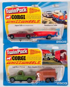 CORGI JUNIORS: Late 1960s to Early 1970s Group of Twin Packs ‘Whizzwheels’ Including Land Rover Pick Up with Horse Box (2503) – Blue; And, Jaguar XJ6 with Speedboat on Trailer (2505). All mint and unopened in original yellow and blue blister packs. (6 ite