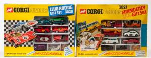 CORGI JUNIORS: Early 1970s pair of Gift Sets consisting of Club Racing Gift Set (3020) – containing 7 Vehicles as well as Plastic Figures; and, Emergency 999 Gift Set (3021) – containing 6 Vehicles as well as Plastic Figures. All mint and unopened in orig