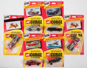 CORGI JUNIORS: Early 1970s group of &lsquo;Whizzwheels&rsquo; Movie and TV Cars including Batmans Batmobile (1002) - with Figures of Batman and Robin; and Chitty Chitty Bang Bang (1006) &ndash; with Figures of Caracticus Potts, Truly Scrumptious, Jeremy & Jemima; and, The 