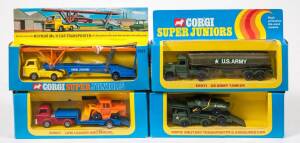 CORGI JUNIORS: 1970s Group of Corgi &lsquo;Super Juniors&rsquo; Including Hoynor Mk. 11 Car Transporter (2002) &ndash; Yellow, Blue and Orange; And, Military Transporter & Armoured Car (2012) - Dark Green; And, Low Loader and Shovel (2007) - Red, Blue and Orange. All mint 