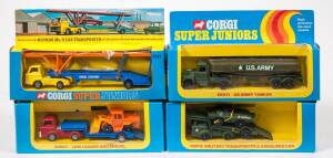 CORGI JUNIORS: 1970s Group of Corgi ‘Super Juniors’ Including Hoynor Mk. 11 Car Transporter (2002) – Yellow, Blue and Orange; And, Military Transporter & Armoured Car (2012) - Dark Green; And, Low Loader and Shovel (2007) - Red, Blue and Orange. All mint 