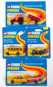 CORGI JUNIORS: 1970s group of Model Cars including Farm set Zetor Tractor and Trailer (E2516) – Yellow, Red and Orange; and, Sting Military Helicopter (E34) - Green; and, Wigwam Van Camper (18). All mint and unopened in original blue blister packs. (45 it