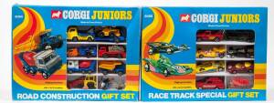 CORGI JUNIORS: 1970s Pair of Gift Sets Consisting of Race Track Special Gift Set (3028) – Containing 7 Vehicles as well as Plastic Figures; And, Road Construction Gift Set (3024) – Containing 7 Vehicles as well as Plastic Figures. Both mint and unopened i