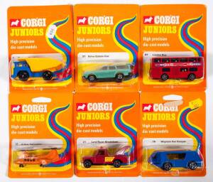 CORGI JUNIORS: 1970s group of Model Cars including Dump Truck (7) – Blue and Yellow; and, Formula 5000 Racing Car (36) – Black; and, VW Polo (92) - Green. All mint and unopened in original orange blister packs. (45 items approx.)