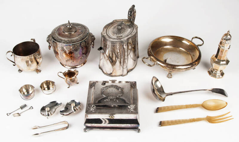 Silver plated biscuit barrel, teapot, casket, serving bowl, jug, sugar caster, candle holders, ladle, condiments & spoons