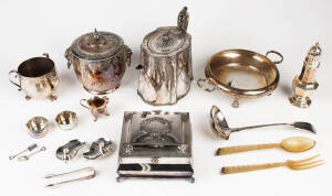 Silver plated biscuit barrel, teapot, casket, serving bowl, jug, sugar caster, candle holders, ladle, condiments & spoons