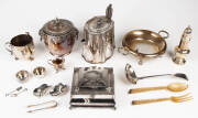 Silver plated biscuit barrel, teapot, casket, serving bowl, jug, sugar caster, candle holders, ladle, condiments & spoons