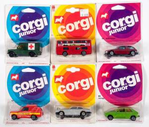 CORGI JUNIORS: Early 1980s group of Model Car blister packs including Digger (77) – Orange, Blue and White; and, Volvo Estate Car (51) – Light Green; and Sting Military Helicopter (E34). All mint and unopened in original blister packs. (120 items approxim