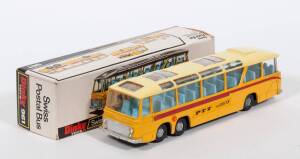 DINKY: Vega Major Luxury Coach &lsquo;PTT&rsquo; Swiss Postal Bus (961) &ndash; Yellow body with a Red stripe and Cream roof with Blue interior. Mint in original white cardboard box.
