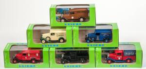 ELICOR: 1:43 Group of Model Ford Vehicles Including 1934 Ford V8 Cammionnette Sir Alan Cobham Fire Engine (1079); And, 1934 Ford V8 Cammionette 1934 Mobil Oil (1077); And, 1933 Ford V8 Pick-up Bache Watney’s (1067). All mint in original cardboard packagin