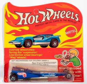 HOTWHEELS: 1972 Very rare Redline Rear Engine Mongoose Dragster (5699) – Blue Enamel with interior Black plastic and ‘Tom McEwen The Mongoose’ Stickers. This model is considered by collectors to be one of the rarest and most desirable. Mint and unopened i