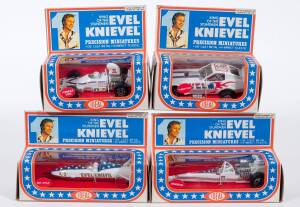 IDEAL: Group of &lsquo;Evel Knievel&rsquo; Model Cars consisting of Formula 5000 (4305-9); and, Dragster (4303-4); and, Sky Cycle (4304-2); And, Funny Car (4306-7). All mint in original cardboard windowed boxes. (4 items)