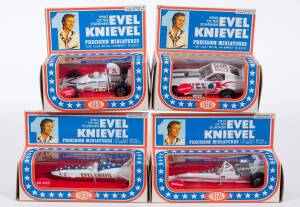 IDEAL: Group of ‘Evel Knievel’ Model Cars consisting of Formula 5000 (4305-9); and, Dragster (4303-4); and, Sky Cycle (4304-2); And, Funny Car (4306-7). All mint in original cardboard windowed boxes. (4 items)