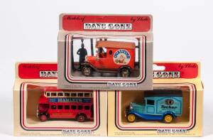 LLEDO: group of ‘Days Gone’ including Hamleys Double Decker Bus; and, Tucher Van; and, Alton Towers Van. All mint in original cardboard windowed boxes. (35 items)