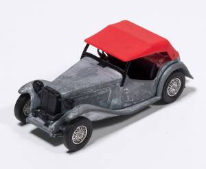 MATCHBOX: ‘Models of Yesteryear’ 1945 MG TD Pre-production Trial Model (Y8) - bare metal un-spun body, red roof, black plastic parts and seat, bare metal chassis & base, base with incomplete copyright date and lacking model number cast and chrome 24-spoke