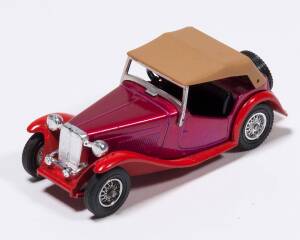 MATCHBOX: ‘Models of Yesteryear’ 1945 MG TC Pre-production Colour Trial (Y8) - metallic magenta body, tan brown roof, black plastic seats, red chassis and base which has incomplete copyright date and lacking model number cast and chrome 24-spoke wheels. M