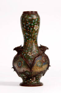 Japanese bronze & cloisonne vase with phoenix handles. Early 20th century. 31cm