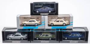 MINICHAMPS: 1:43 group of Mercedes-Benz Model Cars consisting of 1968 300 SEL 6.3 (39106) – White; and, 1977 Mercedes 230 CE Coupe (32214) – Green; and, 1989 Mercedes 560 SEL (39305) - Red. All mint in original display cars. (32 items)
