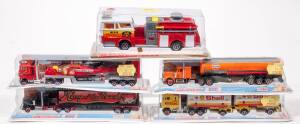 MAJORETTE: group of Model Trucks including Fire Truck (3033); and, Surb Helico (601); and, Shell Petrol Tanker. All mint in original plastic bubble packs. (5 items)