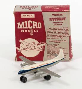 MICRO MODELS (Australia): 1950's TAA Vickers Viscount Passenger Air-Liner VH-TVA. Mint in original maroon and grey cardboard box. Slight damage to the cardboard box.