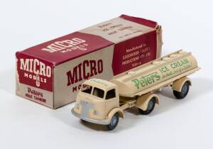 MICRO MODELS (Australia): 1950s Peters Ice Cream Milk Tanker. Mint in original maroon and grey cardboard box with original Micro Models Collectors leaflet. Slight damage to the cardboard box.