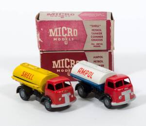 MICRO MODELS (Australia): 1950s pair of Petrol Tankers consisting of ‘Shell’ Petrol Tanker Commer Chassis; and, ‘Ampol’ Petrol Tanker. Mint in original maroon and grey cardboard boxes. (2 items)