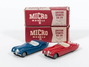 MICRO MODELS (Australia): 1950s pair of Jaguar Sports consisting of Jaguar Sports XK 120 (Blue); and, Jaguar Sports XK 120 (Red). Mint in original maroon and grey cardboard boxes. Slight damage to the one of the cardboard boxes. (2 items)
