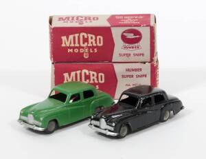MICRO MODELS (Australia): 1950s pair of Humber Super Snipes consisting of Humber Super Snipe (Green); and, Humber Super Snipe (Black). Mint in original maroon and grey cardboard boxes. Slight damage to the cardboard boxes. (2 items)
