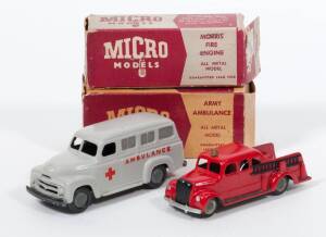 MICRO MODELS (Australia): 1950s pair of Emergency Vehicles consisting of Morris Fire Engine; and, International Military Ambulance. Mint to near mint in original maroon and grey cardboard boxes. Damage to the cardboard boxes. Note the fire engine has been