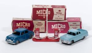 MICRO MODELS (Australia): 1950s pair of Fords consisting of Ford Mainland Utility (Powder Blue); and, Ford Zephyr Sedan (Blue). Also with Mobilgas Pumps and Standard. Mint in original maroon and grey cardboard boxes. Damage to the cardboard boxes. (3 item