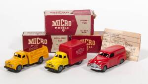 MICRO MODELS (Australia): 1950s group of Commercial Vehicles consisting of Coca Cola Delivery Truck (Yellow); and, Holden Royal Mail Panel Van (Red); and Delivery Van (Yellow and Red with Micro Model Motif). Mint in original maroon and grey cardboard boxe