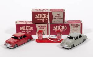 MICRO MODELS (Australia): 1950s pair of Vauxhall Sedans consisting of Vauxhall Sedan (Red); and, Vauxhall Sedan (Grey). Also with Mobilgas Pumps and Standard. Mint to near Mint in original maroon and grey cardboard boxes. Damage to some of the cardboard b