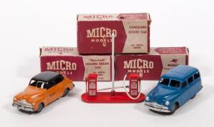 MICRO MODELS (Australia): 1950s pair of Model Cars consisting of Vanguard Estate Car (Blue); and, ‘New Look’ Holden Sedan Taxi (Orange with Black Roof). Also with Mobilgas Pumps and Standard. Mint in original maroon and grey cardboard boxes. Damage to som