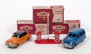 MICRO MODELS (Australia): 1950s pair of Model Cars consisting of Vanguard Estate Car (Blue); and, &lsquo;New Look&rsquo; Holden Sedan Taxi (Orange with Black Roof). Also with Mobilgas Pumps and Standard. Mint in original maroon and grey cardboard boxes. Damage to som