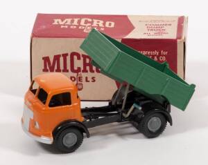 MICRO MODELS (Australia): 1950s Commer 7 Ton Dump Truck (orange with green dumper). Mint in original maroon and grey cardboard box.