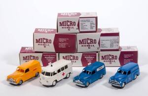 MICRO MODELS (New Zealand/Western Australia): group of Reproduction Model Cars including FX Holden Taxi Yellow Cab Co. (MM006); and, FJ Holden Panel Van (MM003); and, International Delivery Van (MM001). All Mint in original cardboard packaging. (16 items)