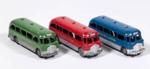 MICRO MODELS (Australia): 1950s group of ‘Micro Bus Lines’ Busses consisting of Bedford Bus (Blue); and, Bedford Bus (Green); and, Bedford Bus (Red). Good to very good models all unboxed. (3 items)