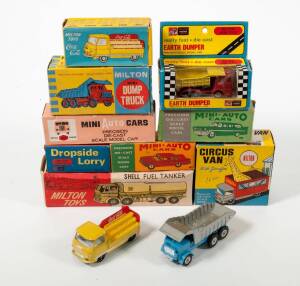 MILTON TOYS: Group of Vintage Indian Model Vehicles Including Shell Fuel Tanker (331) – Yellow; And, ‘Mini Auto Toys’ Coca Cola Commer Van (334) – Yellow and Red; And, Ford Mustang (329) – Red; And, Circus Van with Giraffes – White with Red Holding Pen. A