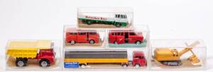 SCHUCO: group of West German Model Vehicles including VW Transporter (311911) – Blue; and, Large Dump Truck (325908) – Red and Yellow; and, Cement Transport Truck (325906) – Blue and Grey. All mint in original perspex display cases. Damage to some of the 