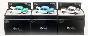 TRAX: 1:43 group of Opal Series Holden Model Cars including 1958 FC Holden Special Sedan (TO02B); and, 1973 Holden Monaro GTS Sedan (TO04); and, 1958 FC Holden Special Sedan (TO02C). All mint in original black cardboard box. (14 items)